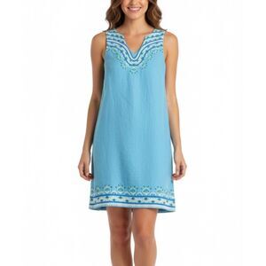 Hatley Women's Turquoise Blue Linen Floral Embroidered Sleeveless  Dress Size S